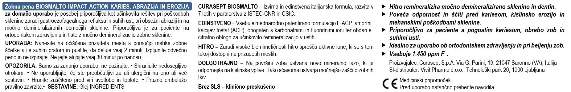 Curasept BIOSMALTO PRO Impact Action zobna pena Karies Abrazija Erozija z okusom nežne mete