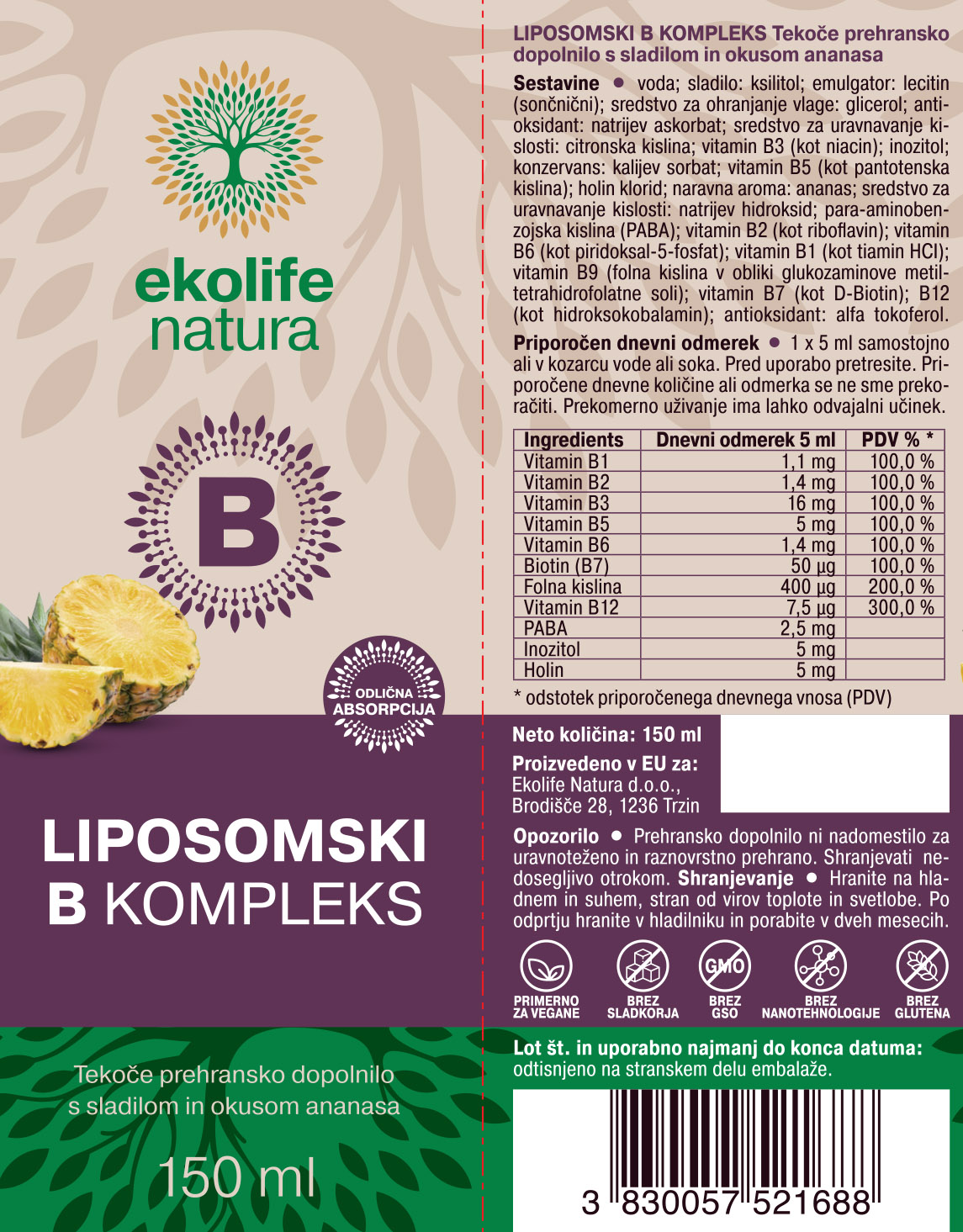 Ekolife Natura Liposomski B Kompleks AF, 150 Ml - Prehranska Dopolnila