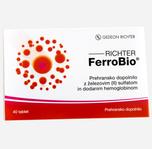 Gedeon Richter, RICHTER FerroBio, prehransko dopolnilo z železovim (II) sulfatom in dodanim hemoglobinom, 40 tablet