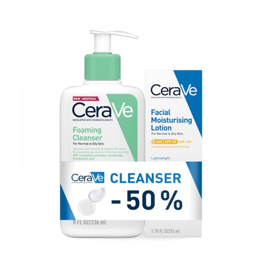 CeraVe Peneči čistilni gel, 236 ml + CeraVe Vlažilna nega za obraz za normalno do suho kožo SPF50, 52 ml