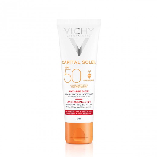 VICHY CAPITAL SOLEIL Krema za zaščito pred soncem z anti-age učinkom za obraz 3v1 SPF50, 50 ml