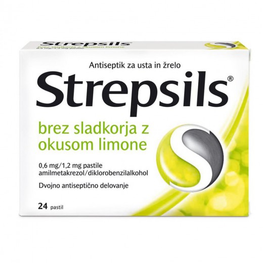 Strepsils brez sladkorja z okusom limone 0,6 mg/1,2 mg pastile, 24 pastil
